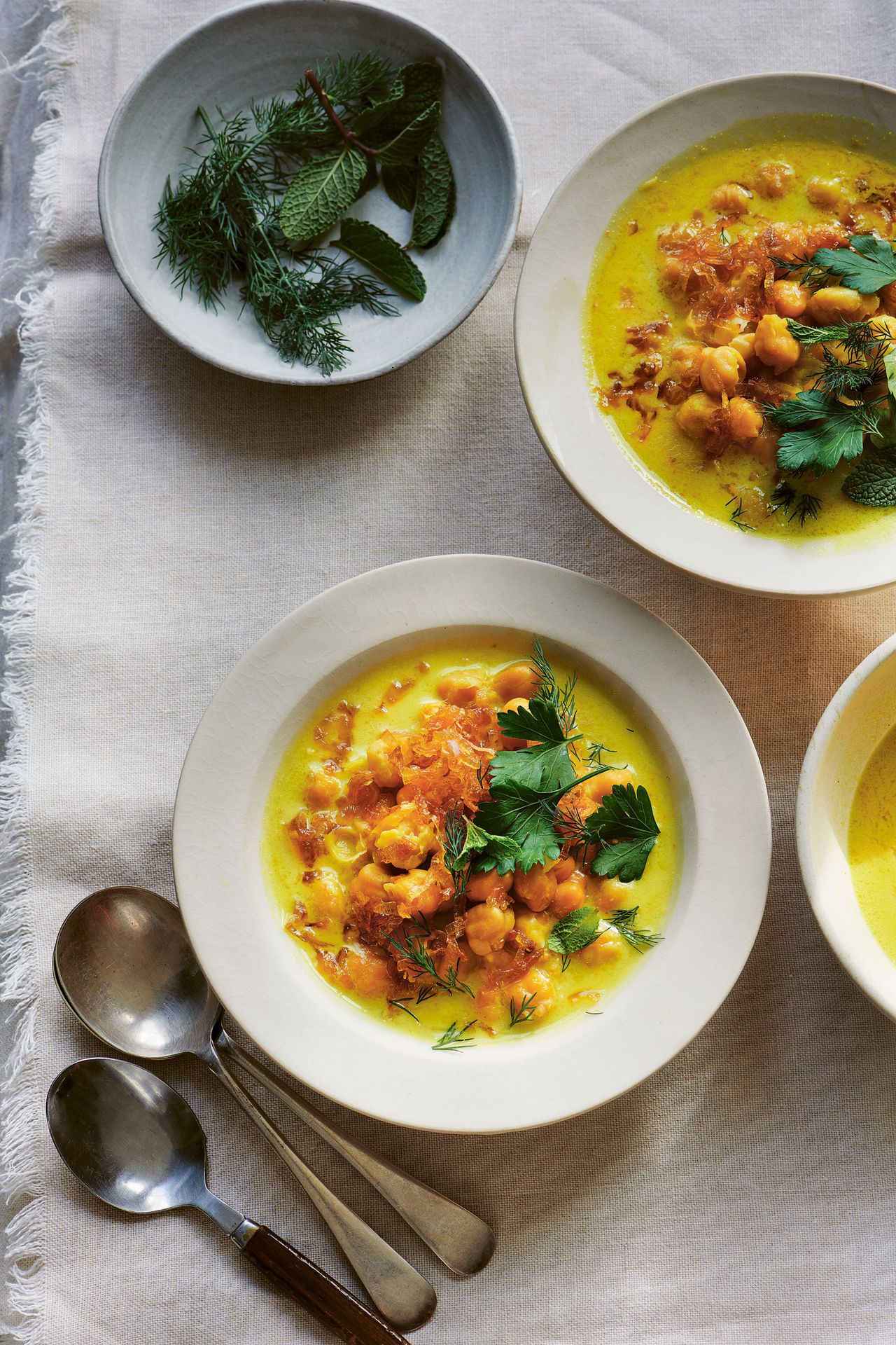 Golden chickpea and lemon soup with sticky shallots