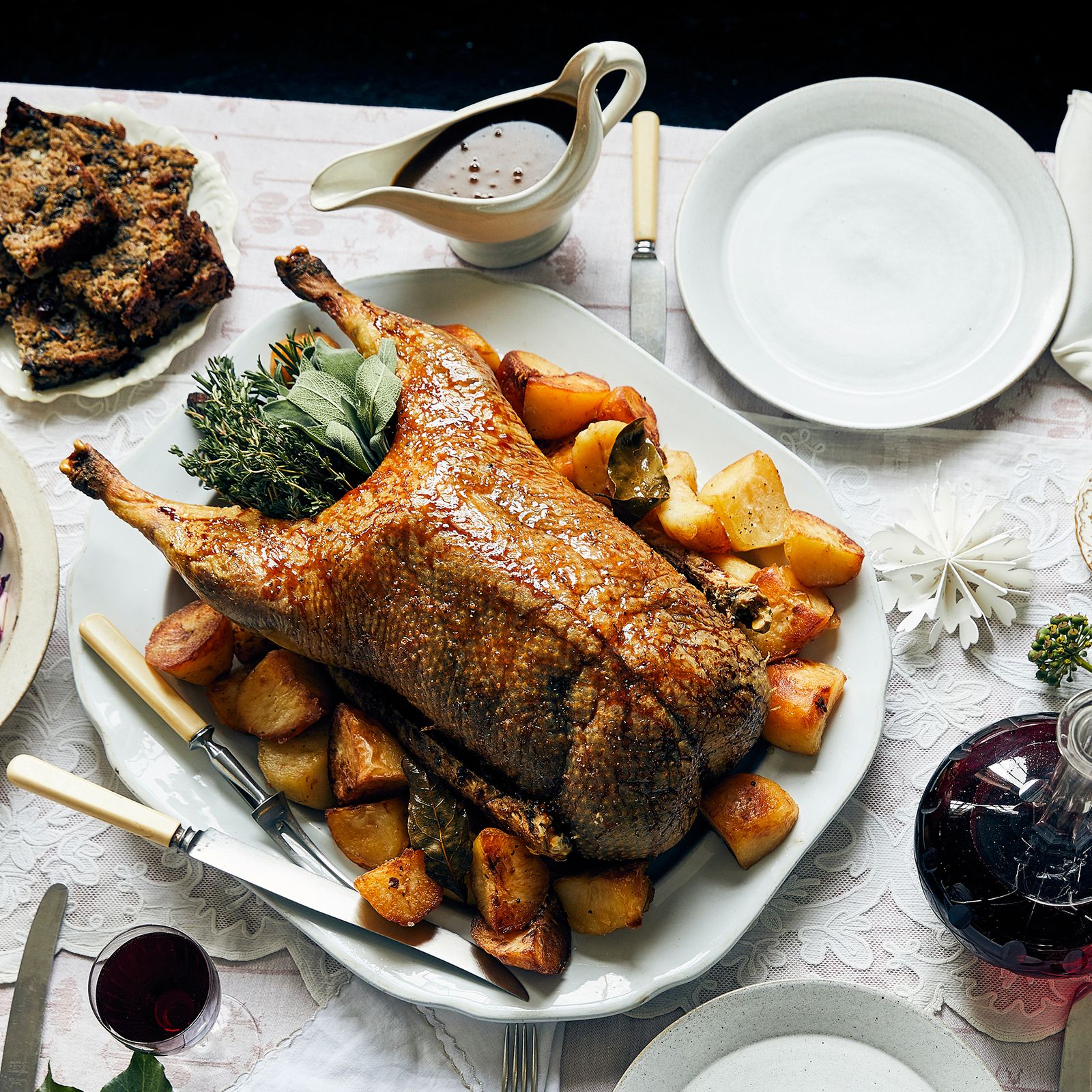 Roast goose with crab apple jelly glaze, stuffing and gravy