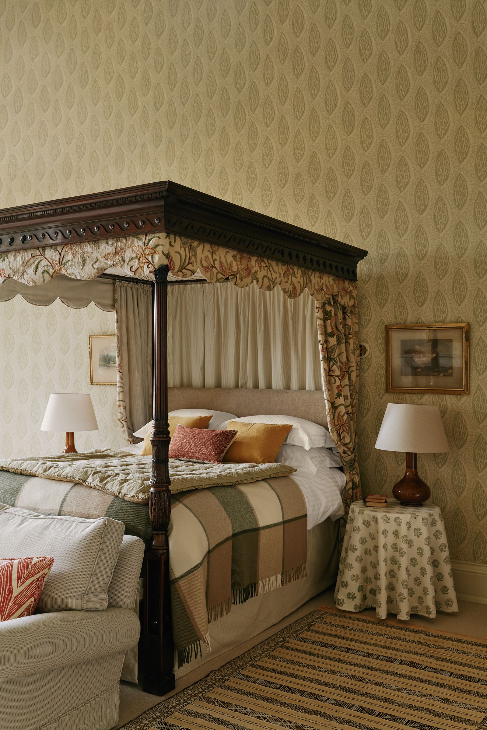 Image may contain Furniture Bed Bedroom Indoors Room Lamp Art Painting Home Decor Rug and Canopy Bed